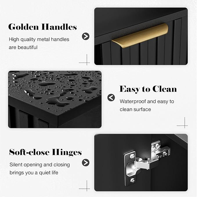 Set of 2 Fluted Storage Cabinet, Buffet Cabinet with Storage, Wood Sideboard with Adjustable Shelf, Modern Accent Cabinet & Console Table for Entryway, Living Room, Dining Room, Black