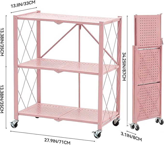 BRIAN & DANY 3-Tier Foldable Storage Shelves with Wheels, No Assembly Folding Shelf Metal Rack, Shelving Unit for Kitchen, Garage, Pink