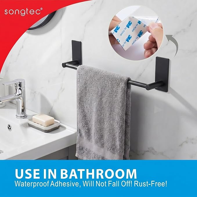 Songtec Adhesive Towel Bar Black 16-Inch, Stick On Bath Towel Rack No Drill, Strong Adhesion Tape Mount Towel Holder, Stainless Steel - Black
