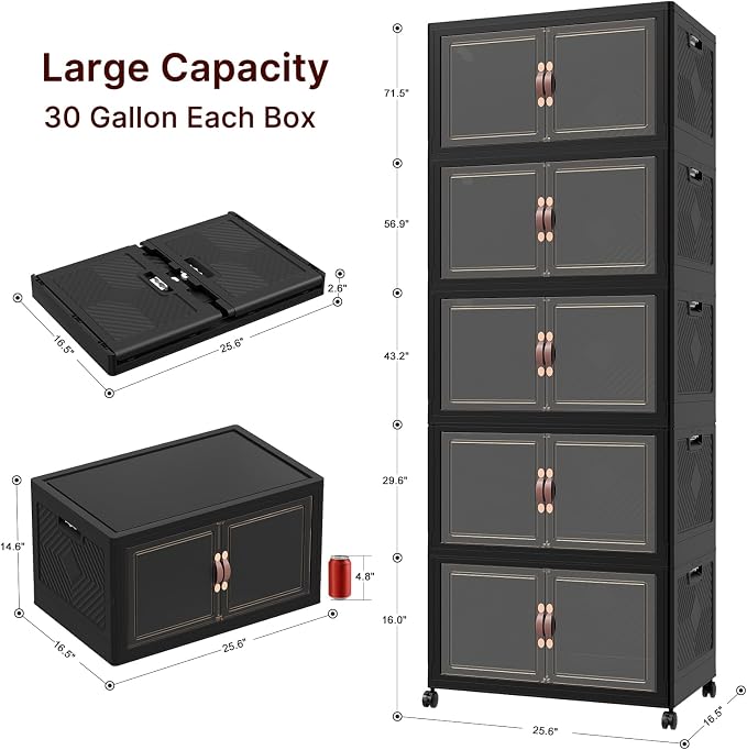 UAMFURI Stackable Storage Bins with Lids, 600QT Lockable Storage Cabinet | Folding Storage Box with Doors and Wheels, Collapsible Plastic Drawers for Home, Garage, Office
