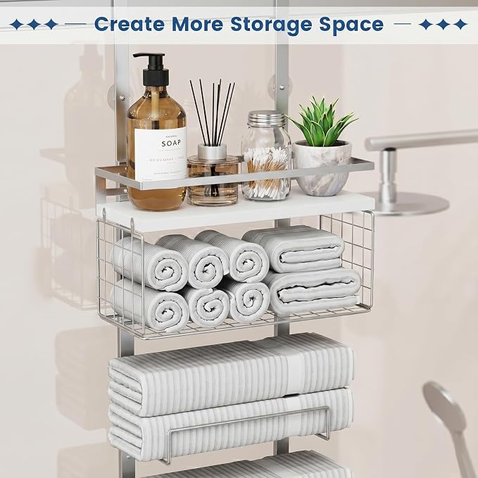 Aetyord Towel Racks for Bathroom Over The Door Towel Racks Towel Storage Organizer with Metal Shelf Basket for Bathroom Rv Camper (9-Tier Silver with White Plank)