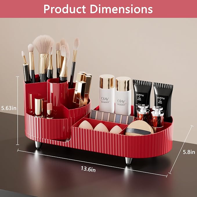 Rotating Makeup Organizer for Vanity with Brush Holder, Cosmetic Makeup Storage Organizer, Large Spinning Makeup Skincare Organizer, Countertop Makeup Perfume Organizer, Lotions Display Case Red
