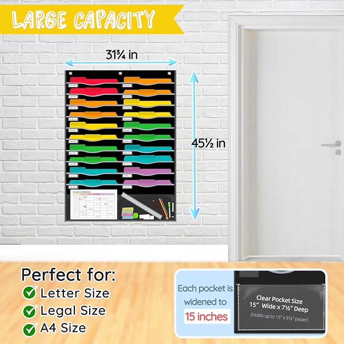 22 Pockets Hanging Wall File Organizer for Legal/ Letter Size Paper, Over the Door Organizer, 31¾" x 45½" Pocket Chart for Classroom, Office, Warehouse, Home Use with 24 Name Tags & 6 Hooks