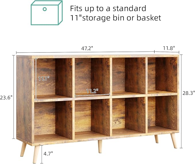8-Cube Bookshelf 2 Tier Retro Bookcase with Legs, 11in Shelf Opening, 47" Wood Bookshelves Storage Organizer Shelf, Freestanding Open Book Shelves for Bedroom Living Room Office, Vintage Brown