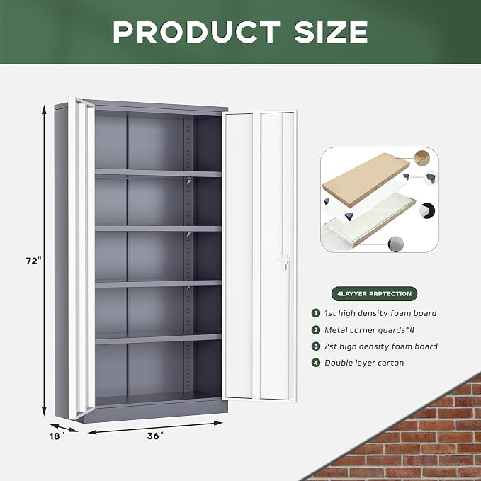Greenvelly Metal Garage Storage Cabinet, 72" Locking Metal Cabinet with Doors and Adjustable Shelves, Steel Tool Cabinets, File Cabinet for Home Office, Garage (36" W x 18" D)
