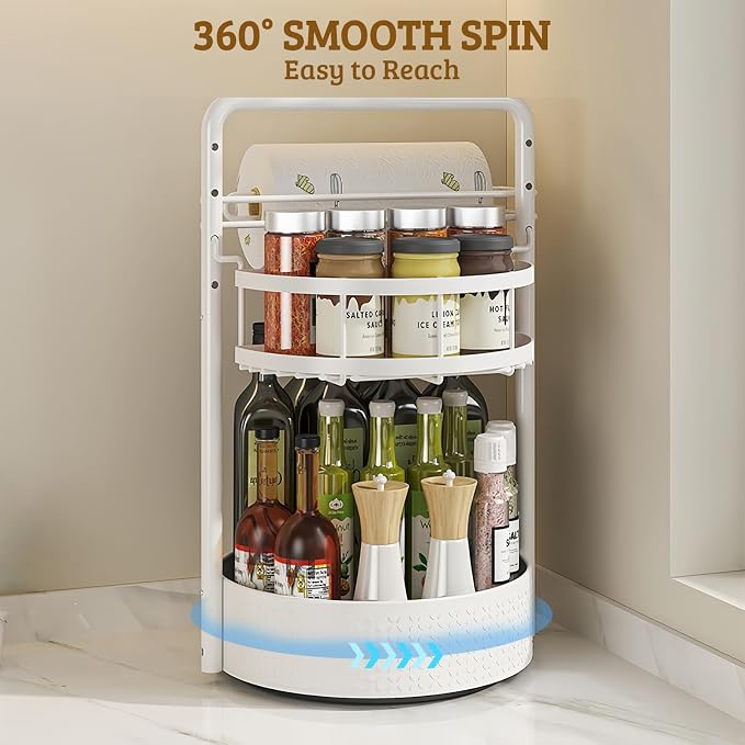 Rotating Spice Rack with Paper Towel Holder, White | 2 Tier Turntable Lazy Susan, Durable Iron, Seasoning Organizer, For Kitchen Countertop