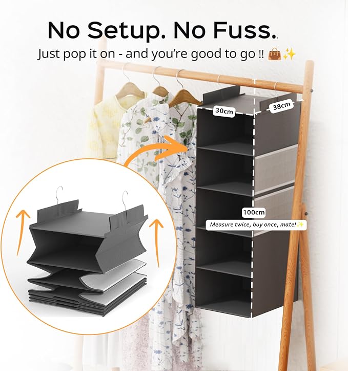 Deep Hanging Closet Organizers and Storage, Closet Hanging Storage Shelves with 5 Shelves and 4 Mesh Pockets, Heavy-Duty Closet Organizer for Clothes, Hats, and RVs and Dorm Essential,1-Pack, Grey