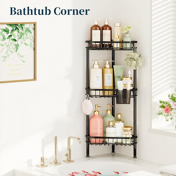 Consumest Corner Shower Caddy Stand - Rustproof Bathroom Organizer&Storage | 3 Tier Shower Shelves for Inside Shower, Stainless Steel Corner Shelf with Soap Holder, 4 Hooks, Brush Holder, Black