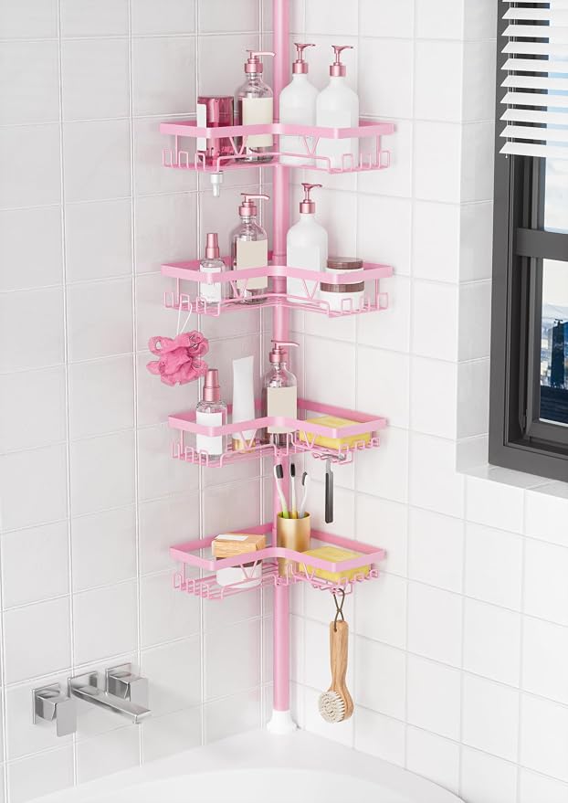 KEGII Corner Shower Caddy Tension Pole, Bathtub Shelf, Pink | 28 Hooks and 4-Tier Large Capacity Organizer, Waterproof, Stainless Steel Shower Rack Fits 25-114.2 inch Heights