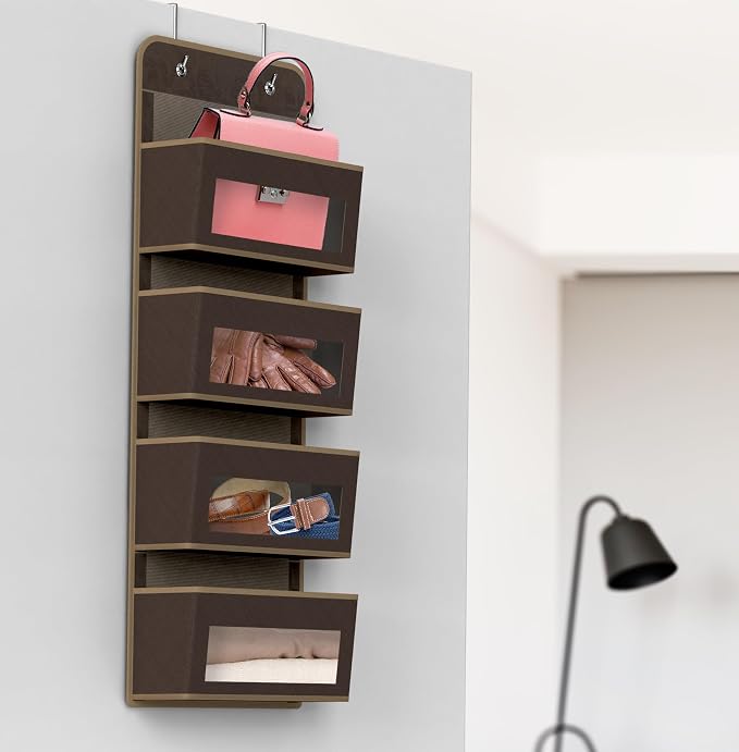 Simple Houseware 4 Clear Window Pocket Over Door Hanging Organizer, Brown | Over the Door Storage for Closet, Bedroom, Bathroom, Pantry
