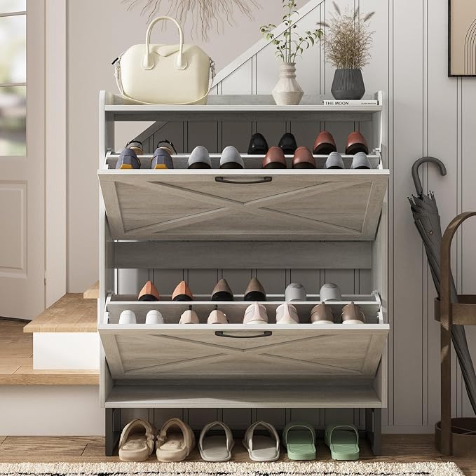 Maupvit Shoe Storage Cabinet with 2 Flip Drawers, Freestanding Organizer with Metal Legs for Entryway, Narrow Shoe Rack Cabinet, Beige