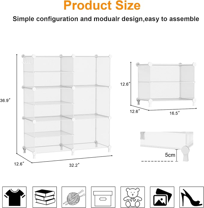 AWTATOS Closet Organizer 6 Cube Storage Shelves, Transparent Twill | Portable Closet Clothes Organizers Storage Shelf DIY Stackable Cubby Shelving for Closet Bedroom Living Room Office
