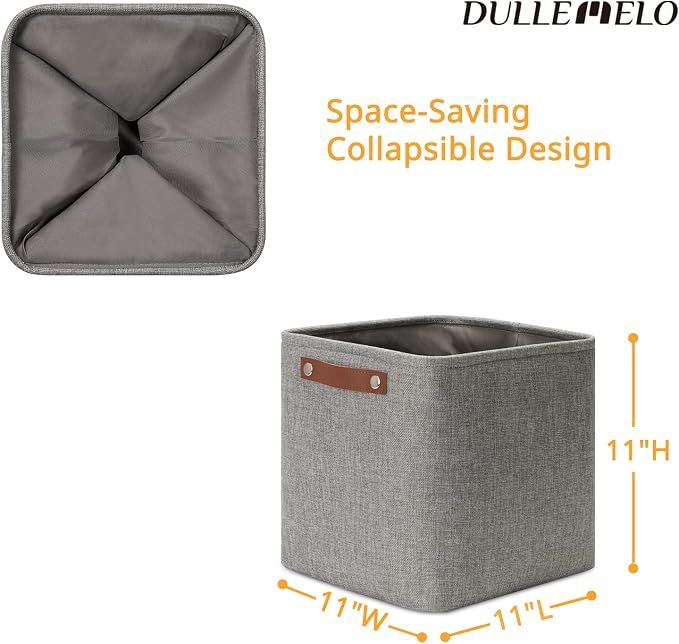 DULLEMELO 11 inch Cube Stroage Bins 4 Pack Small Grey Square Storage Baskets Cube Organizer, Linen Closet Organizers and Storage Baskets for Shelves Bedroom Storage