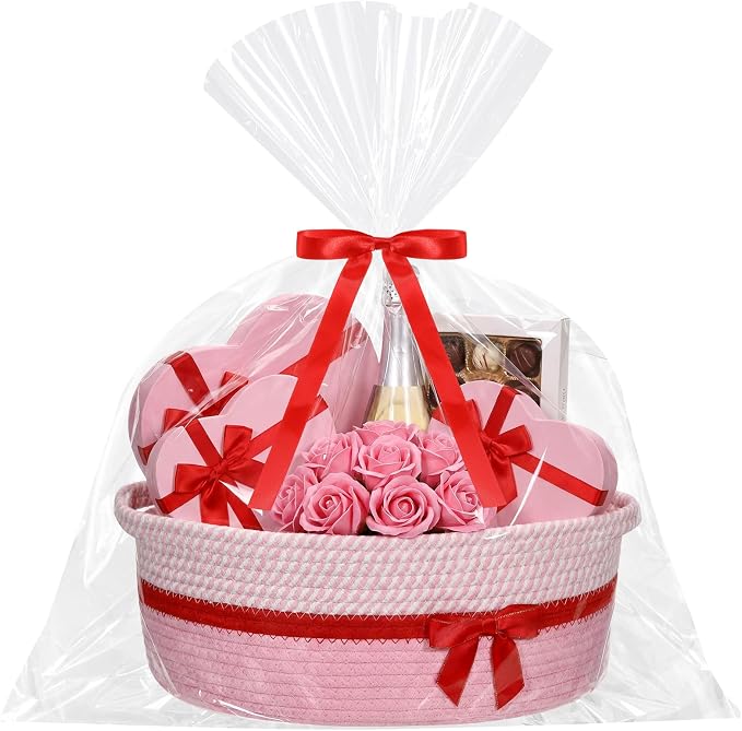 Colingmill 1 Set Woven Empty Basket for Gift,Pink Red | with Cellophane Wrap Set, 14 x 10 x 5.5 Inch, Medium Decorative Gift Basket, Cotton Rope Storage Box, Home Decor
