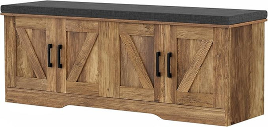 HOMSHO Farmhouse Shoe Storage Bench with 4 Barn Doors & Padded Seat Cushion | 47.2" Wide Entryway Bench with Adjustable Shelves & Hidden Storage, Rustic Walnut