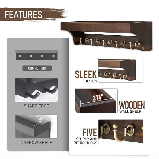 Rebee Vision Acacia Wood Key Holder Wall Mount for Home Decor, Dark Brown | 5 Key Hooks, Rustic Key Holder for Wall with Shelf, Perfume & Plant Display, Stylish Entryway Organizer for Apartment