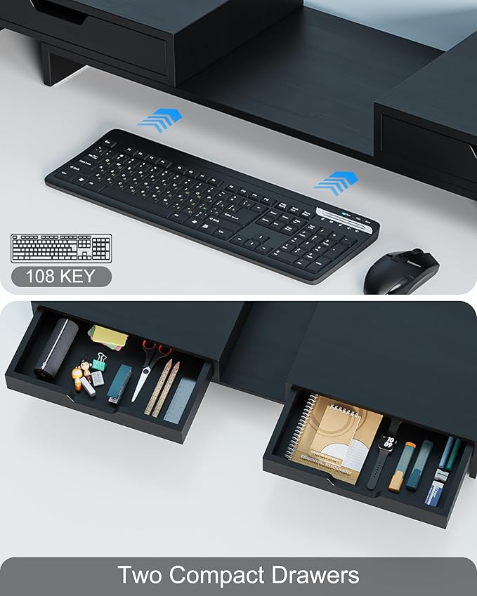 Epesoware Dual Monitor Riser with Two Drawer for Desk, No Assembly Required | Premium Bamboo Dual Monitor Stand with Storage, Desk Monitor Shelf for Computer, IMac & Laptop, Desk Organizer, Black