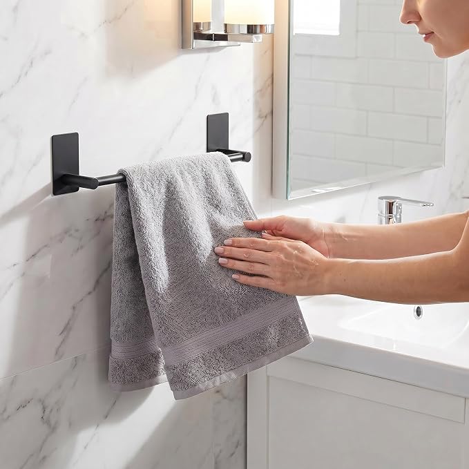 Songtec Stick Towel Bar Black 12-Inch, Adhesive Bath Towel Rack No Drill, Strong Adhesion Tape Mount Towel Holder, Stainless Steel - Black