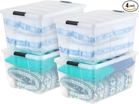 IRIS USA 4-Pack 94 Quart Storage Bins with Lids, Clear | Transparent design makes contents easy to find. Ideal for holiday décor, bulky items, and long-term storage. Nestable design
