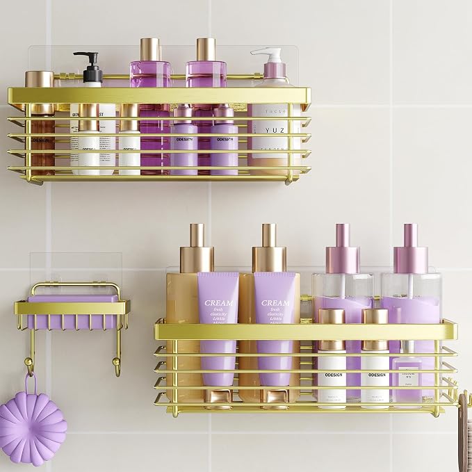 ODesign Shower Caddy Adhesive 3 Pack Stainless Steel Storage Shelves-Golden | No drilling wall mounted,rust-resistant,large capacity,quick drainage,easy to clean,suitable for bathrooms and kitchens