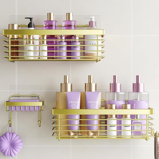ODesign Shower Caddy Adhesive 3 Pack Stainless Steel Storage Shelves-Golden | No drilling wall mounted,rust-resistant,large capacity,quick drainage,easy to clean,suitable for bathrooms and kitchens