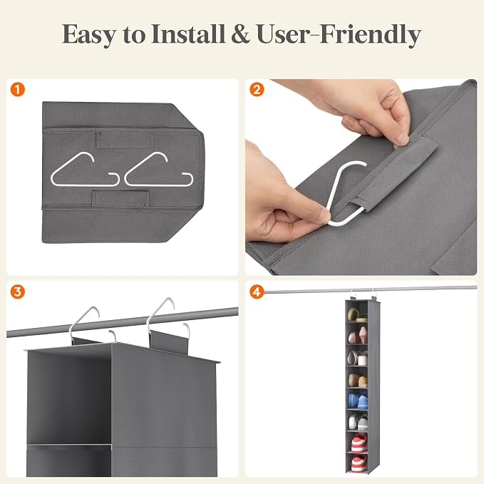 Lifewit 8 Section Hanging Shoe Storage Organizer for Closet Foldable, Gray | Folding Shoe Racks, Fabric Shoes Storage with Two Hangers, Closet Organizers and Storage for Wardrode, Dorm