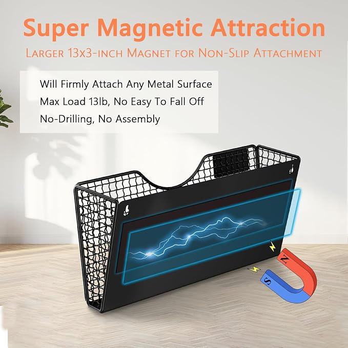 MFTEK Magnetic File Holder, 4 Pockets Magnetic File Folder Holder No Drilling Magnet Paper Mail Organizer Magazine Basket, Hanging Wall Storage Rack for Fridge Cabinets Office Classroom