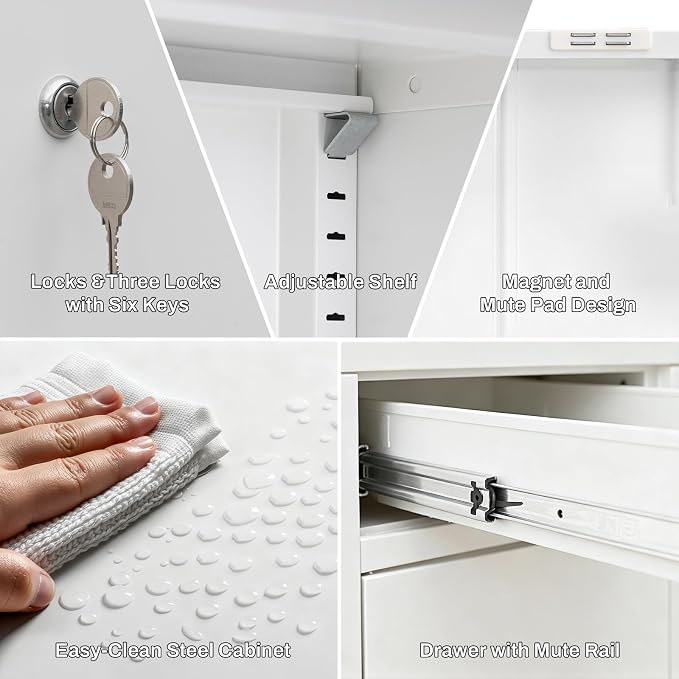 CJF Metal Storage Cabinet, Locking Storage Cabinet with 1 Drawer and Adjustable Shelf, 36" H x 28" W x 16" D White Metal Cabinets for Office, Home, Garage