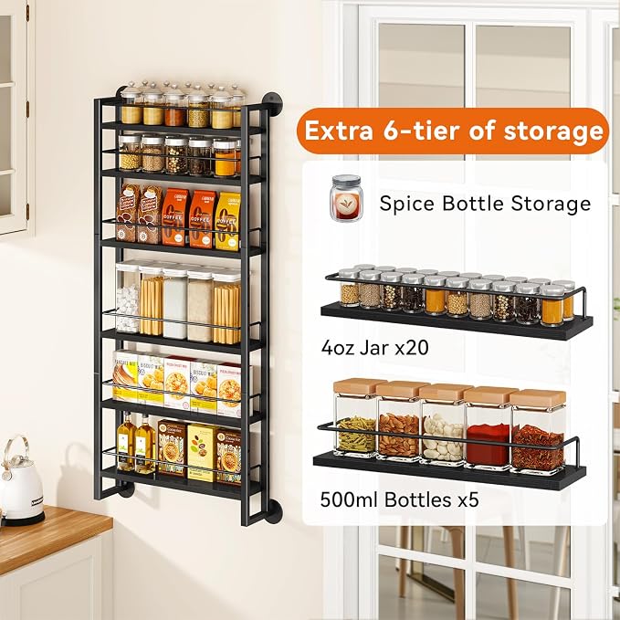 IBUYKE Over the Door Spice Organizer,Door or Wall Mount,Black TLJ028B | 6 Tier Wall Mounted Spice Rack Adjustable Hanging Storage Shelves Spice Organization for Kitchen cabinet Bathroom Closet