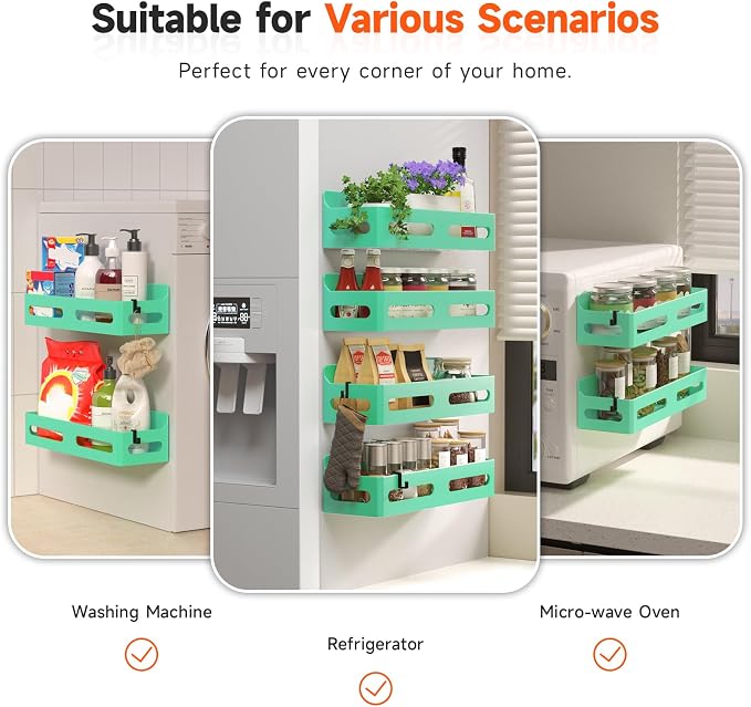 Sevenblue 4-Pack Magnetic Spice Rack for Refrigerator with Hooks, Green | Strong multipurpose magnetic shelf for kitchen & bathroom organization. Includes 4 removable hooks for hanging items.