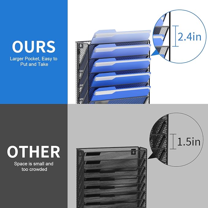 OUTWOLF Hanging Wall File Organizer with Hooks, 6 Tier Vertical Wall Mount File Holder, Paper Document Mail Organizer for Office