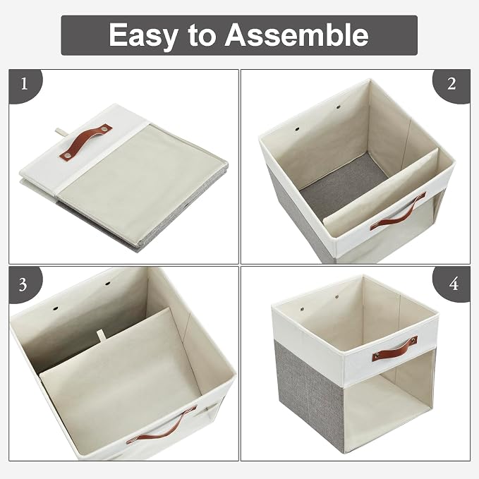 Storage Cubes, 4 Pack Linen Foldable Storage Bins with Clear Window and 2 Handles, 13x15x13 Storage Cube Bins for Shelf Closet, Kallax, Clothes, Books - (Gray / Off-White)
