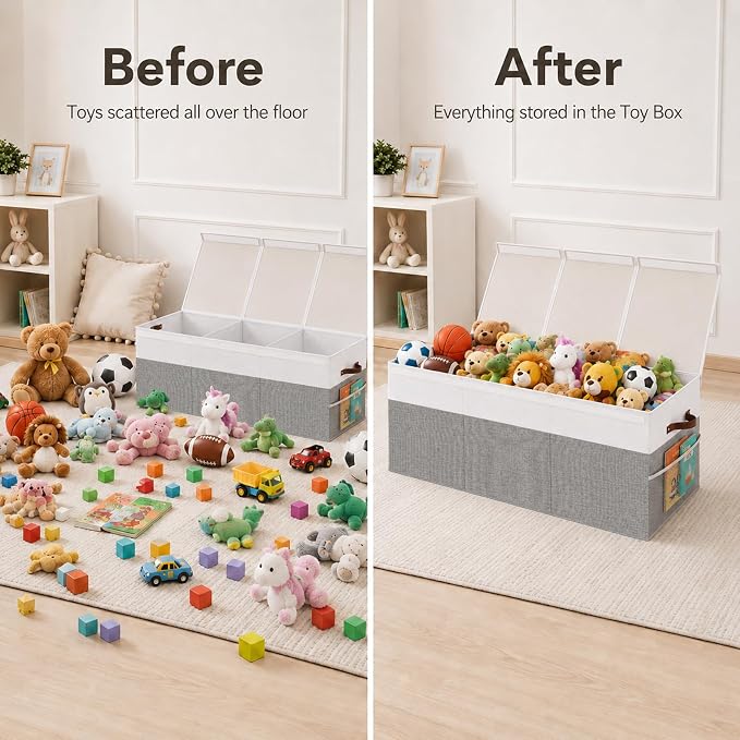150L Extra Large Toy Storage Box with Lid for Boys Girls Nursery Playroom | Collapsible with Lid, Removable Divider, 40"x14"x16", Side Pockets, For Nursery, Living Room, Playroom