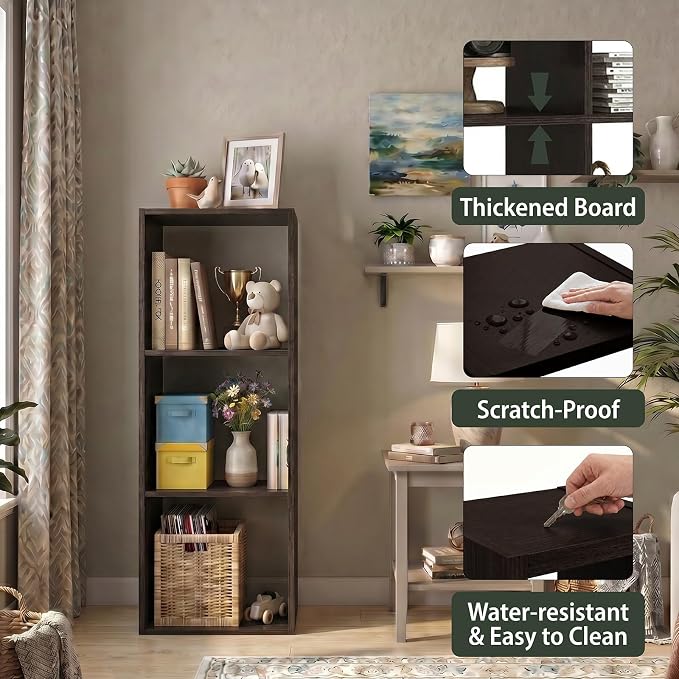 WannabeMyself【Sturdy Build&Easy Assembly】3 Cube Storage Organizer with Anti-Tipping Kits,Reversible Open Back Book Shelf, Bookcase for Living Room,Bedroom,Entrance Hall,Office,12.2×11.4×35.9,Chocolate