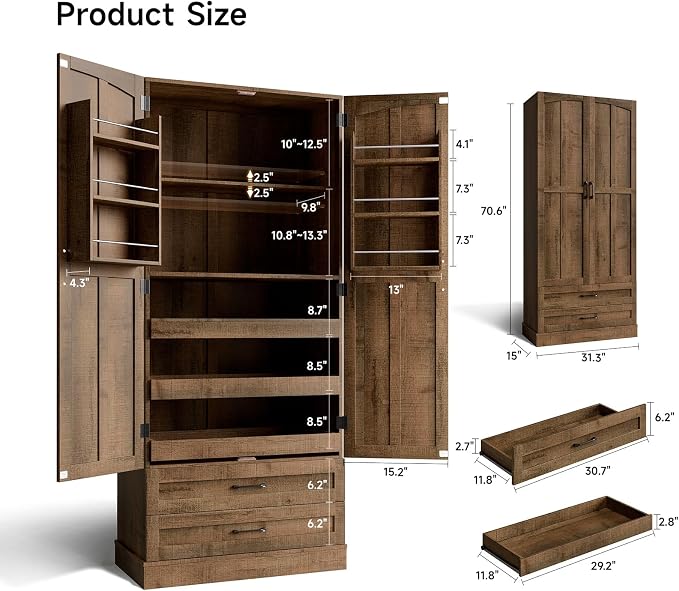 71" Tall Farmhouse Kitchen Pantry Cabinet with 3 Pull Out Shelves & 2 Large Drawers, Pantry Storage Cabinet with 6 Door Shelf & Adjustable Shelf, Freestanding Cupboard for Kitchen, Dining Room