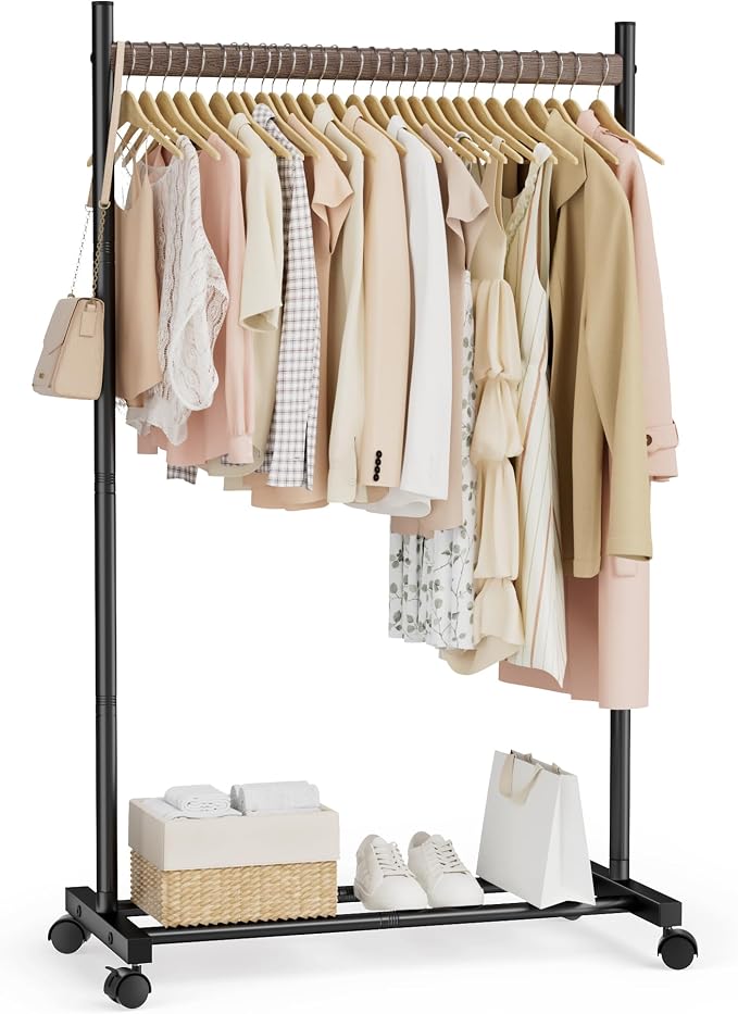 Black Clothing Rack for Hanging Clothes, Portable Rolling Clothes Rack with Wheels, Heavy-Duty Metal Garment Racks with Bottom Shelf, Large Load Capacity & Easy Assembly
