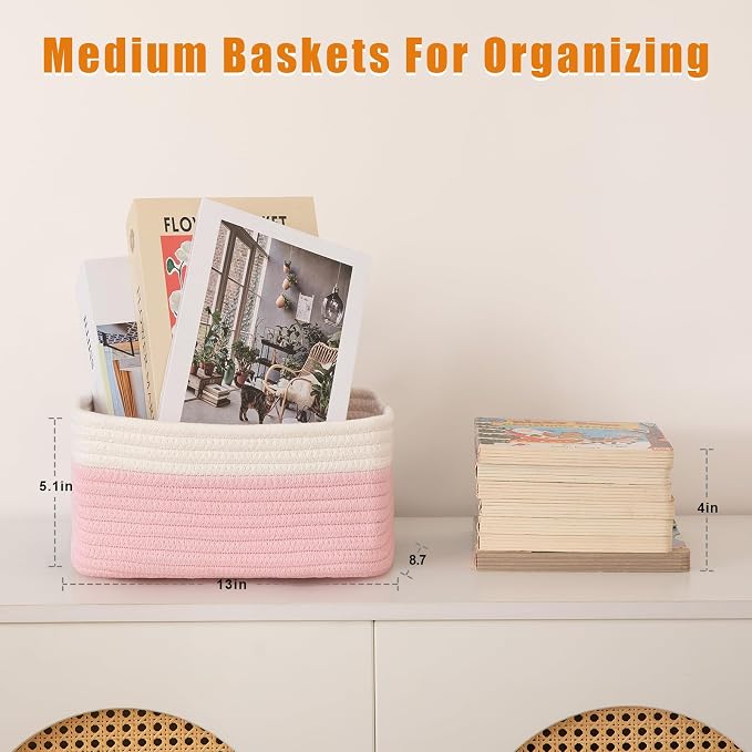 OIAHOMY 4 Pack Storage Baskets for Organizing, Small Bins for Shelves, Cute Decorative Storage Bins, Organizer Baskets for Gifts Empty,13''Lx8.7''Wx5.1''H, Pink/White