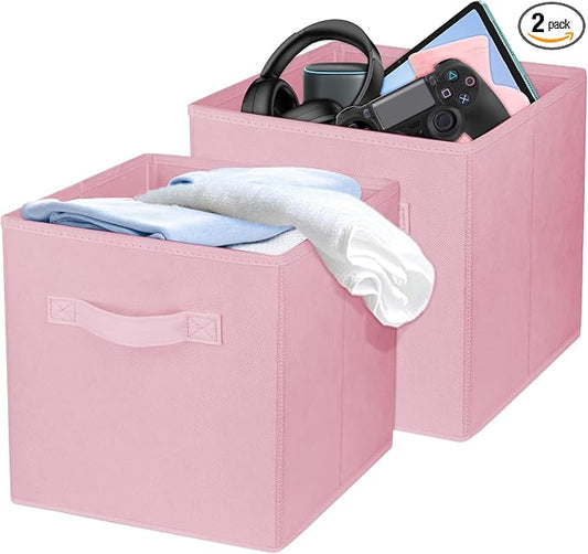 2Pcs Storage Cubes,10.5 Inch Collapsible Storage Bins,Fabric Foldable Bins | [Pink] [For Organization, Durable Storage Bins for Closet, Shelves, Offices]