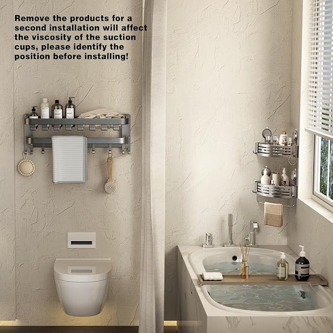 VOLPONE Corner Shower Caddy Suction Cup Shower Shelf Corner No Drilling Bathroom Shower Organizer Storage Rack Adhesive with Towel Bar Hooks (2-Pack,Gray)