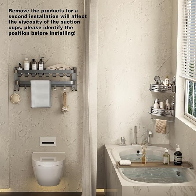 VOLPONE Shower Caddy Corner Suction Cup Shower Shelf Corner No Drilling Bathroom Shower Organizer Storage Rack Adhesive (1-Pack, gray)