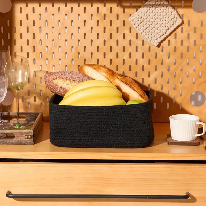 MiniArk Small Storage Baskets for Organizing | Closet Organizer Bins | Shelf Toy Basket | Woven Rope Baskets | Cube Decorative Box | Shallow Basket | 11.5x7.5x4.7” | 3 Packs Black