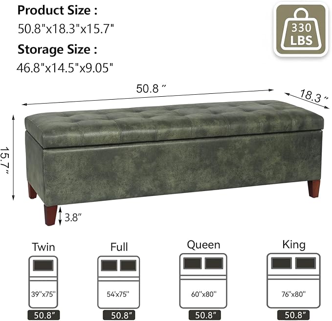 Joveco Storage Ottoman Bench, 51 Inch Tufted Leather Rectangle Bench for End Foot of Bed, Bedroom, Living Room, Deep Green