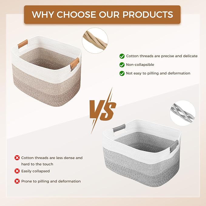 danpinera 108L Large Blanket Basket for Living Room, Woven Storage Basket with Leather Handles, Cotton Rope Storage Organization in Nursery for Toys & Clothes 25 ''* 16 ''*16 '', Gradient Brown