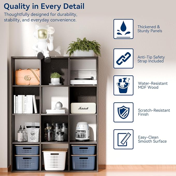 Whitmor 12 Cube Storage Organizer, 4 Tier Stackable Mdf Wood Bookcase, Open Storage Display Bookshelf, Storage Cabinet for Living Room, Bedroom, Home, Office, 35.1"L x 11.7"W x 47.5"H, Espresso