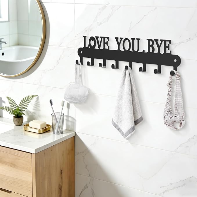 Key Holder for Wall - 'Love You Bye' Key Hooks, Black, 6 Hooks | Key Holder Wall Mount Self Adhesive, Key Rack Wall Mount for Wall No Drill for Living Room, Kitchen, Bathroom, Garage