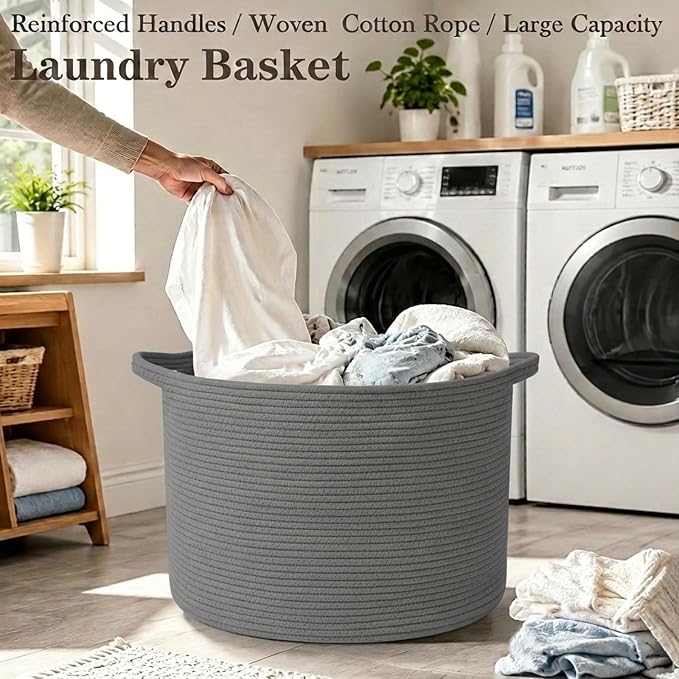 115L Extra Large Blanket Basket,Woven Rope Laundry Basket-Dark Grey | Collapsible, reinforced handles, nursery storage bin organizes clothes, toys and pillows for living room, bedroom bathroom.