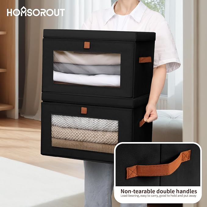 Homsorout Collapsible Storage Bins - Large Stackable Organizer Bins, Decorative Boxes with Handles & Window, Fabric Containers for Living Room, Closet, Dorm, 4 Pack, Black