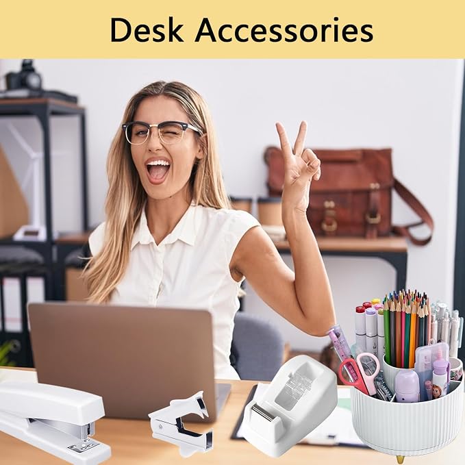 Office Supplies,Desk Accessories,Desk Organizer,Stapler,Tape Dispenser,Folding Phone Holder,Scissors,Notebook,Staple Remover,Staples,Clear Tape,Sticky Notes,Paper Clips,Bookmark,Pen,Pen pals Ect.27pcs