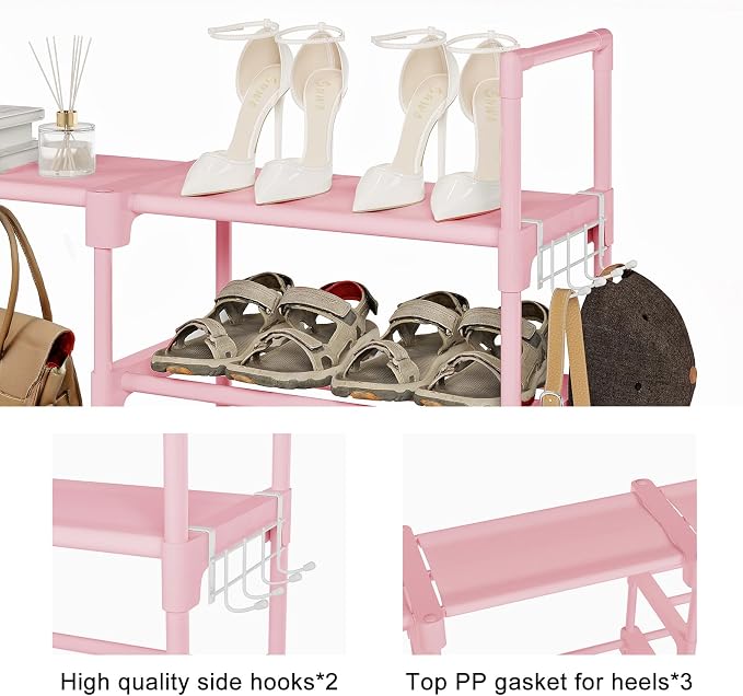 WOWLIVE 9 Tier 3-Column Shoe Rack, 50-55 Pairs Stackable Pink | 50in long for larger entryways. Removable shelves fit tall boots. Split into multiple units for garage/closet.