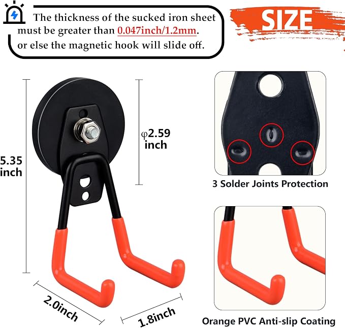 ULIBERMAGNET Heavy Duty Magnetic Garage Hooks,4 Pack Strong Large Magnet Hooks for Power Drill,Garden Tools,Hose,Pegboard,Garage, Workshop,Magnetic Storage Hooks for Indoor Outdoor Hanging(Orange)